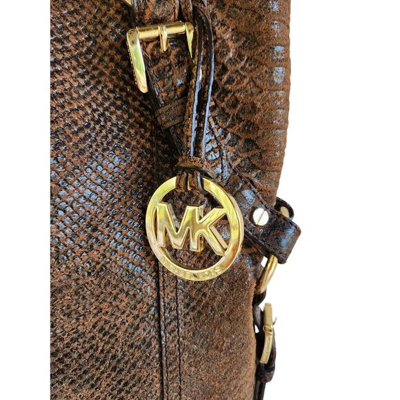Michael Kors Brown Snake Embossed Leather Hobo Bag Slouchy Boho Designer Purse - Picture 3 of 13